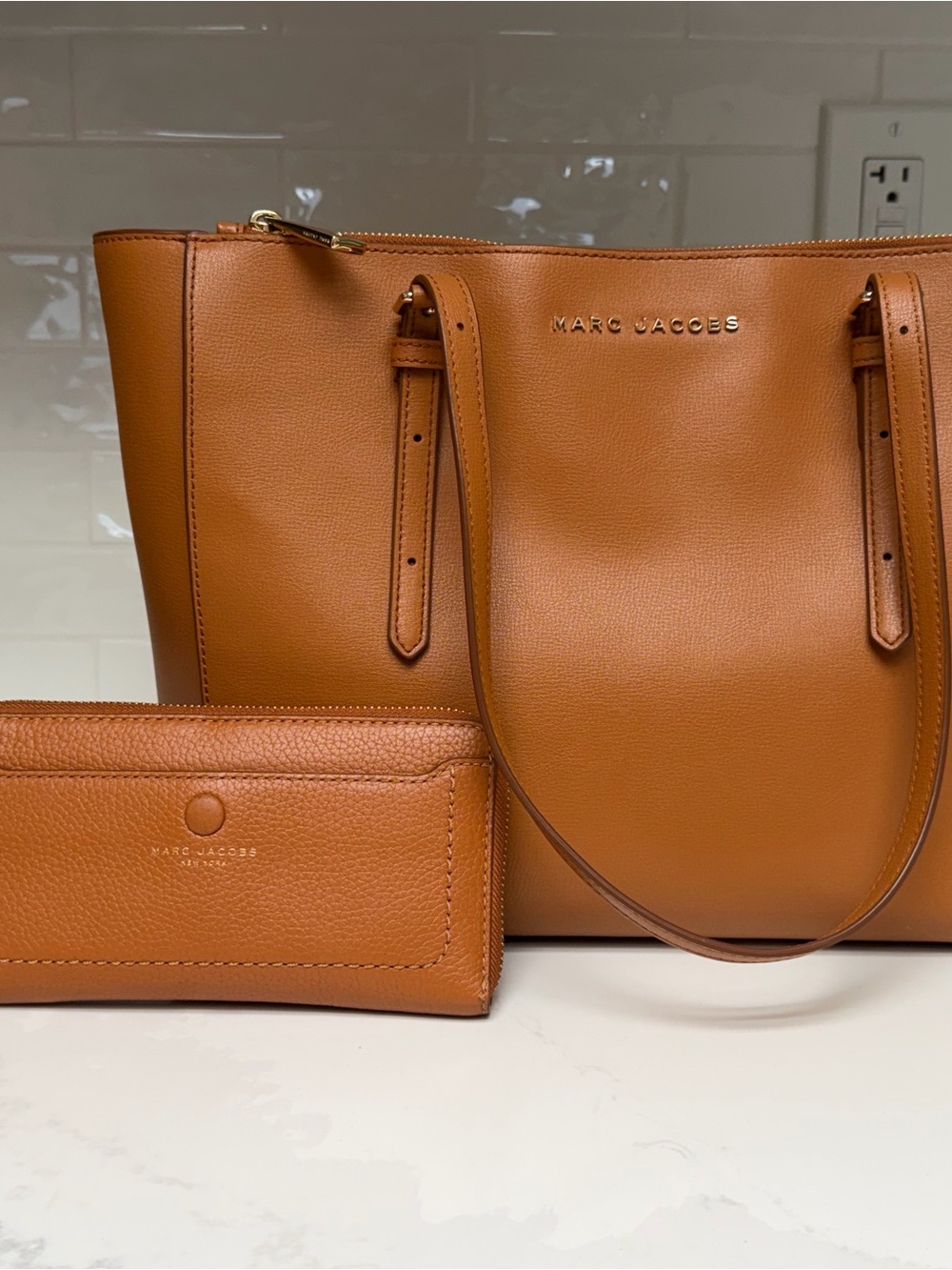 Marc Jacobs Tan (Smoked Almond) Leather Tote with Pebbled Leather Wallet